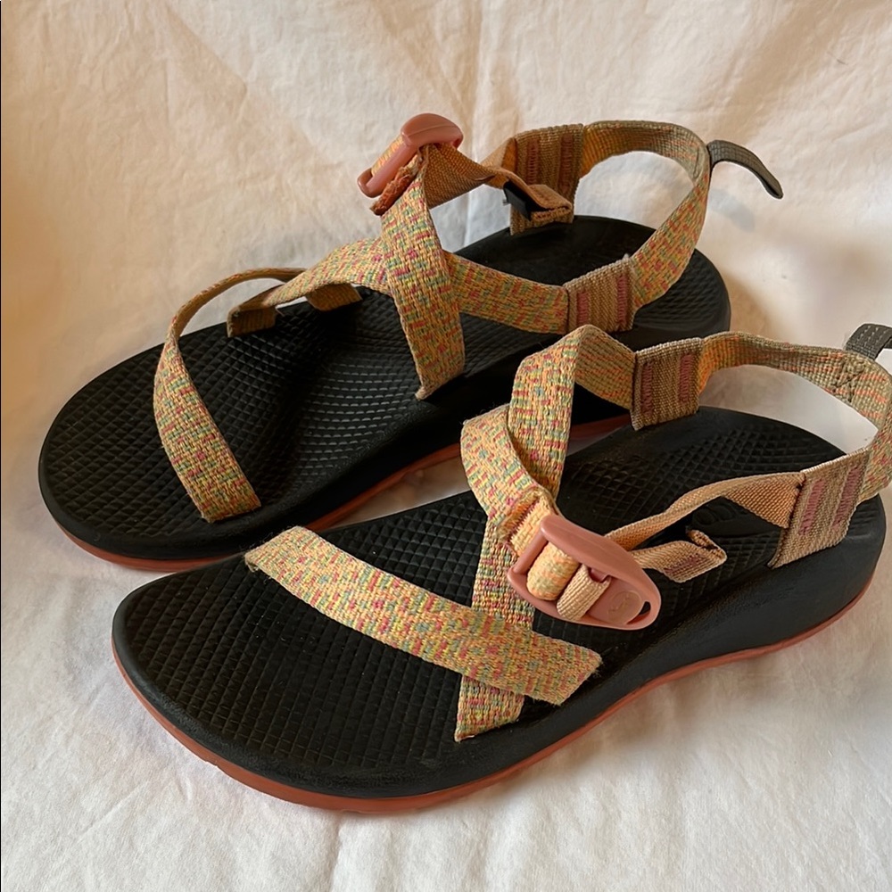 Chaco Women's Strappy Sandals in Black with Multicolor Peach Straps